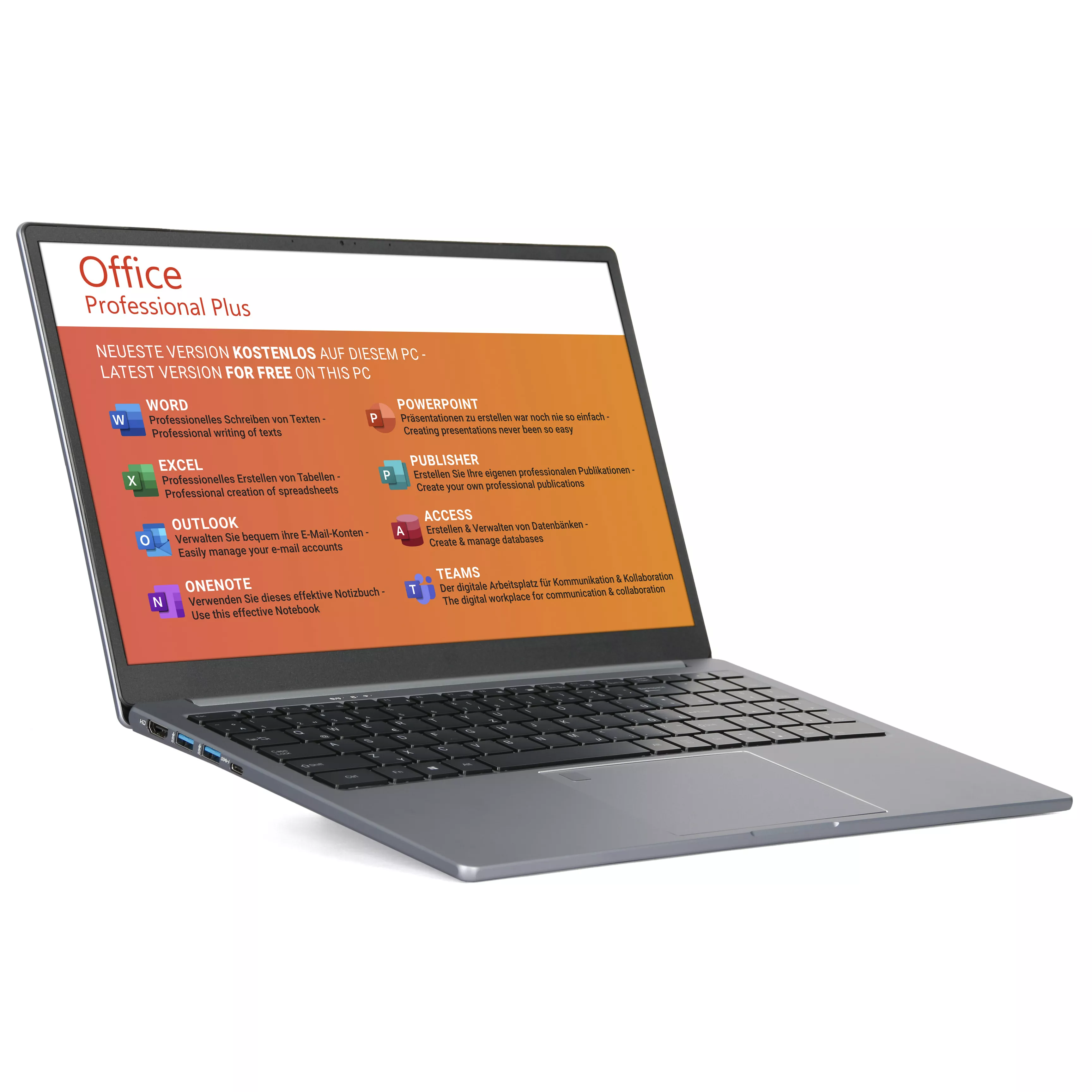 AH12 Office Laptop V2 | Intel Core i7-1065G7 | 32Go RAM | 1To NVMe SSD | 15.6" 1920x1080 Display | WiFi & BT | Windows 11 | MS Office 2021 | Clavier allemand rétroéclairé