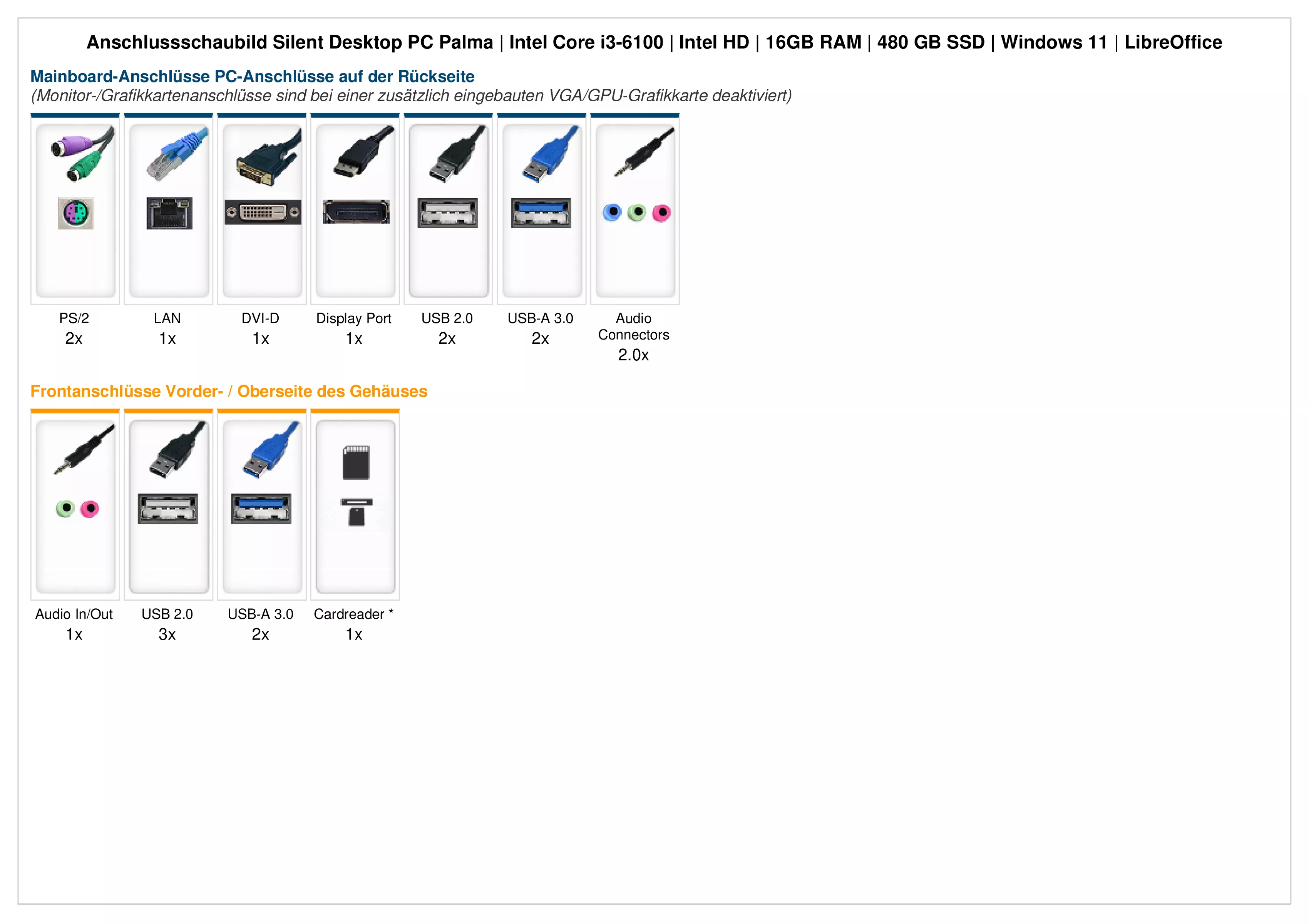 Silent Desktop PC Palma | Intel Core i3-6100 | 16GB RAM | 480GB SSD | Windows 11 | Libre Office