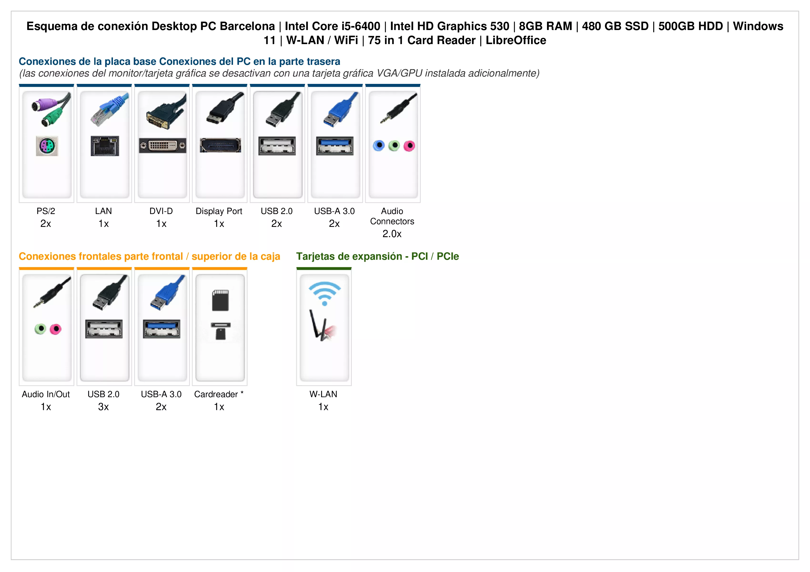 Desktop PC Barcelona | Intel Core i5-6400 | 8GB RAM | 480GB SSD | 500GB HDD | Windows 11 | WiFi | Libre Office