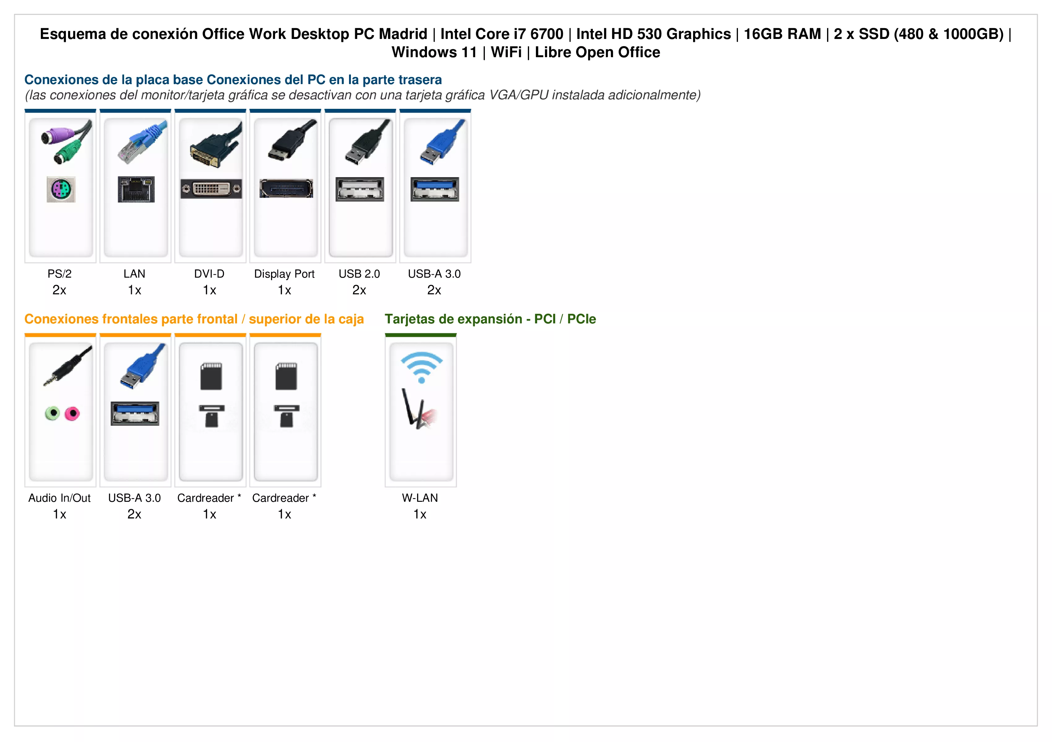 Office Work Desktop PC Madrid | Intel Core i7-6700 | 16GB RAM | 480GB SSD | 1TB SSD | Windows 11 | WiFi | Libre Office