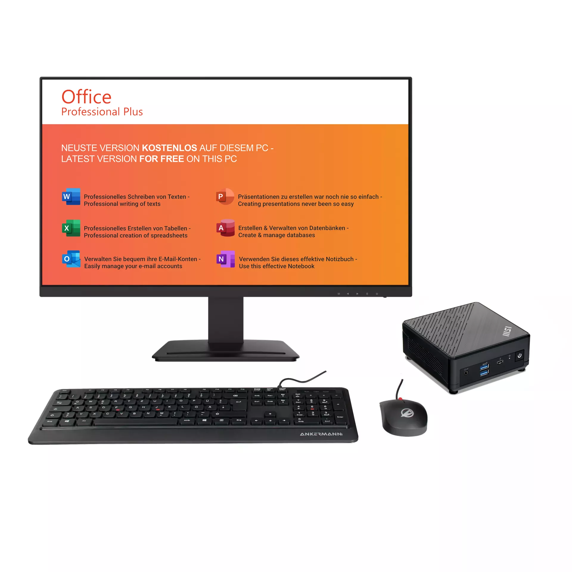 Office Cubi V3 Bundle | Intel Core i7-1255U | 32GB RAM | 1TB NVMe SSD | WLAN & BT | MSI Pro MP 27" Monitor | Maus & Tastatur | Windows 11 | MS Office 2024