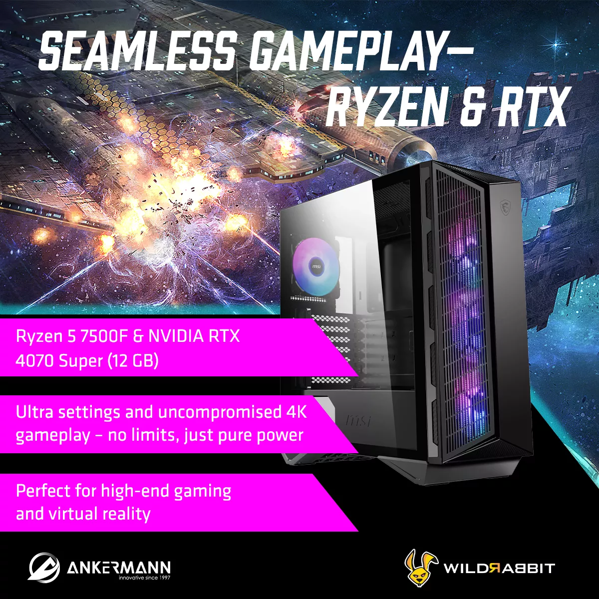 WILDRABBIT Gaming PC | Ryzen 5 7500F | Nvidia GeForce RTX 4070 Super 12GB | 32GB DDR5 RAM | 1TB NVMe SSD | Windows 11 | WLAN & Bluetooth