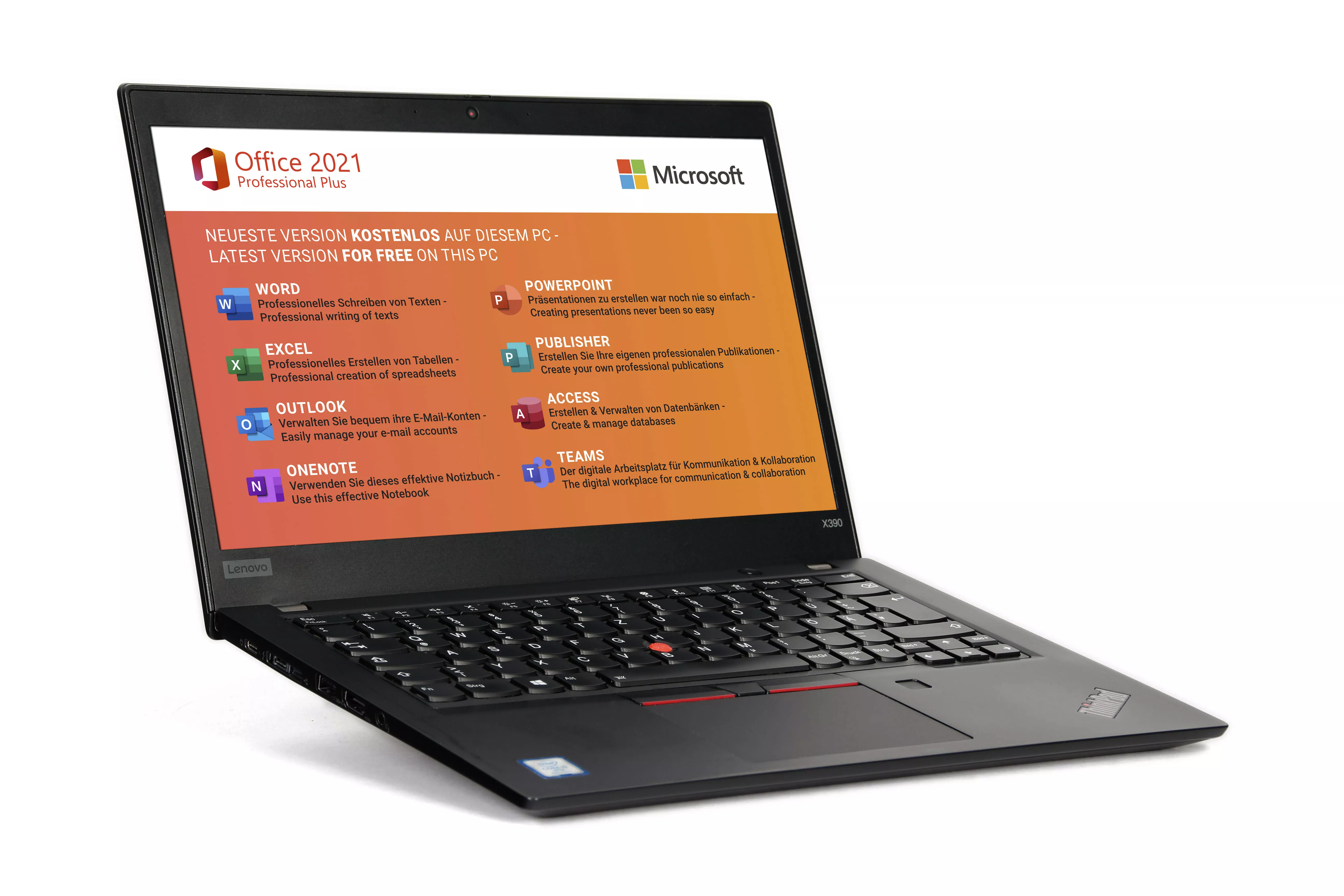 Lenovo Refurbished ThinkPad X390 | Intel Core i5-8365U | 8GB RAM | 512GB M.2 NVMe SSD | 13.3" Full HD Display | WiFi / BT | Windows 11 | MS Office 2021 | Clavier allemand rétroéclairé | Lecteur d'empreintes digitales