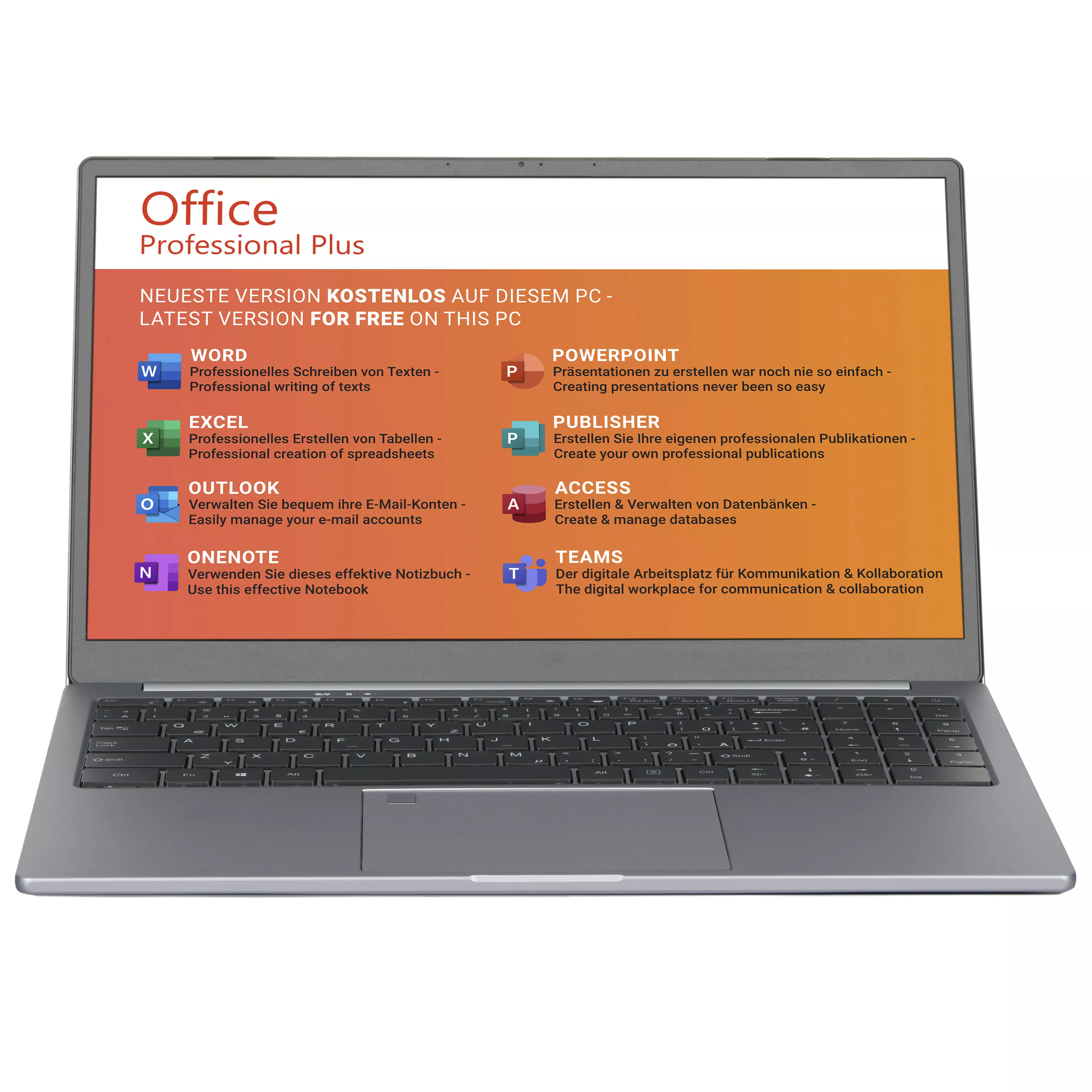 AH12 Office Laptop V2 | Intel Core i7-1065G7 | 32Go RAM | 1To NVMe SSD | 15.6" 1920x1080 Display | WiFi & BT | Windows 11 | MS Office 2021 | Clavier allemand rétroéclairé