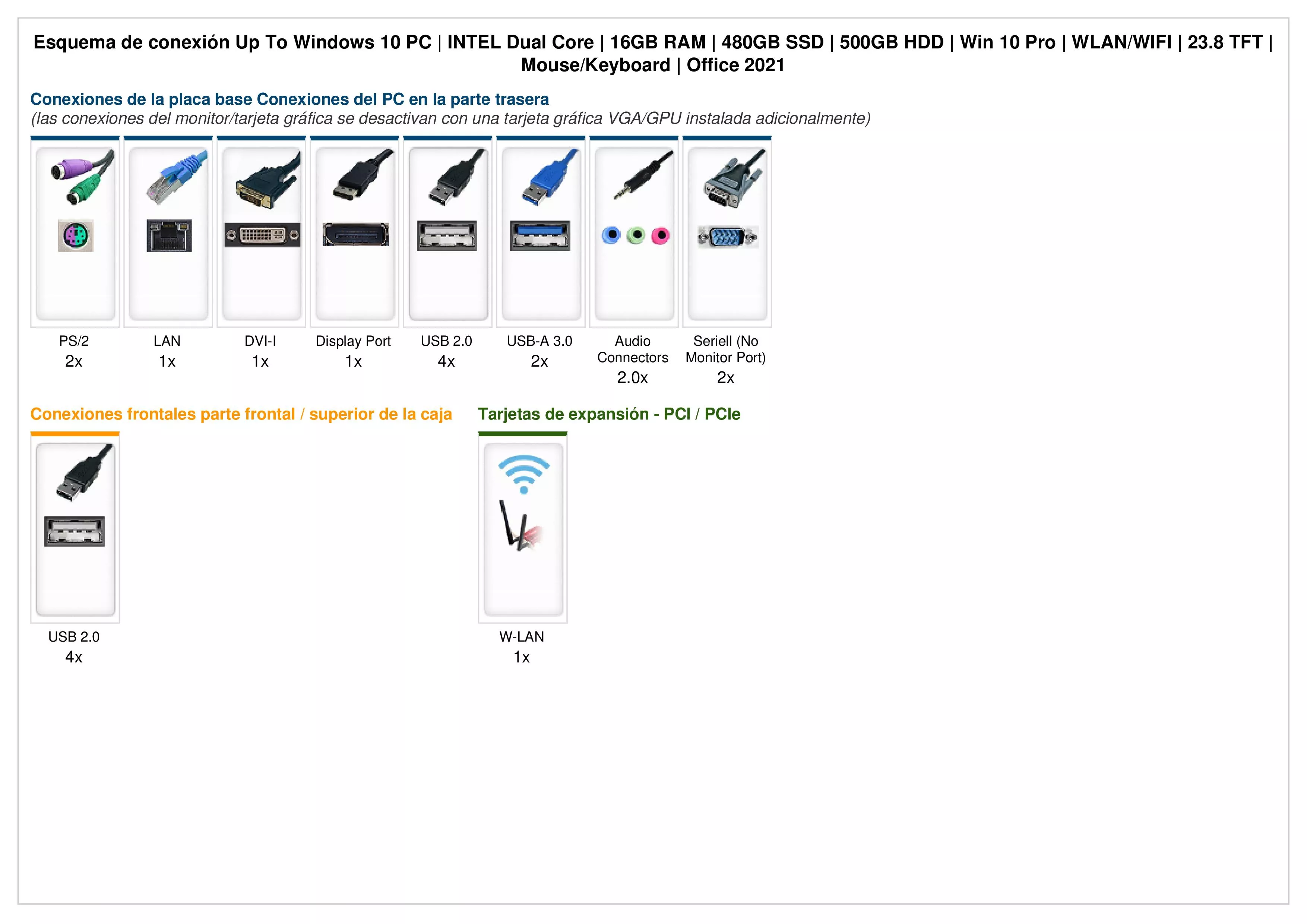 Up To Windows 10 PC | Intel Dual Core | 16GB RAM | 480GB SSD | 500GB HDD | Windows 10 | WiFi | Monitor de 23.8" | Ratón & teclado | MS Office 2021