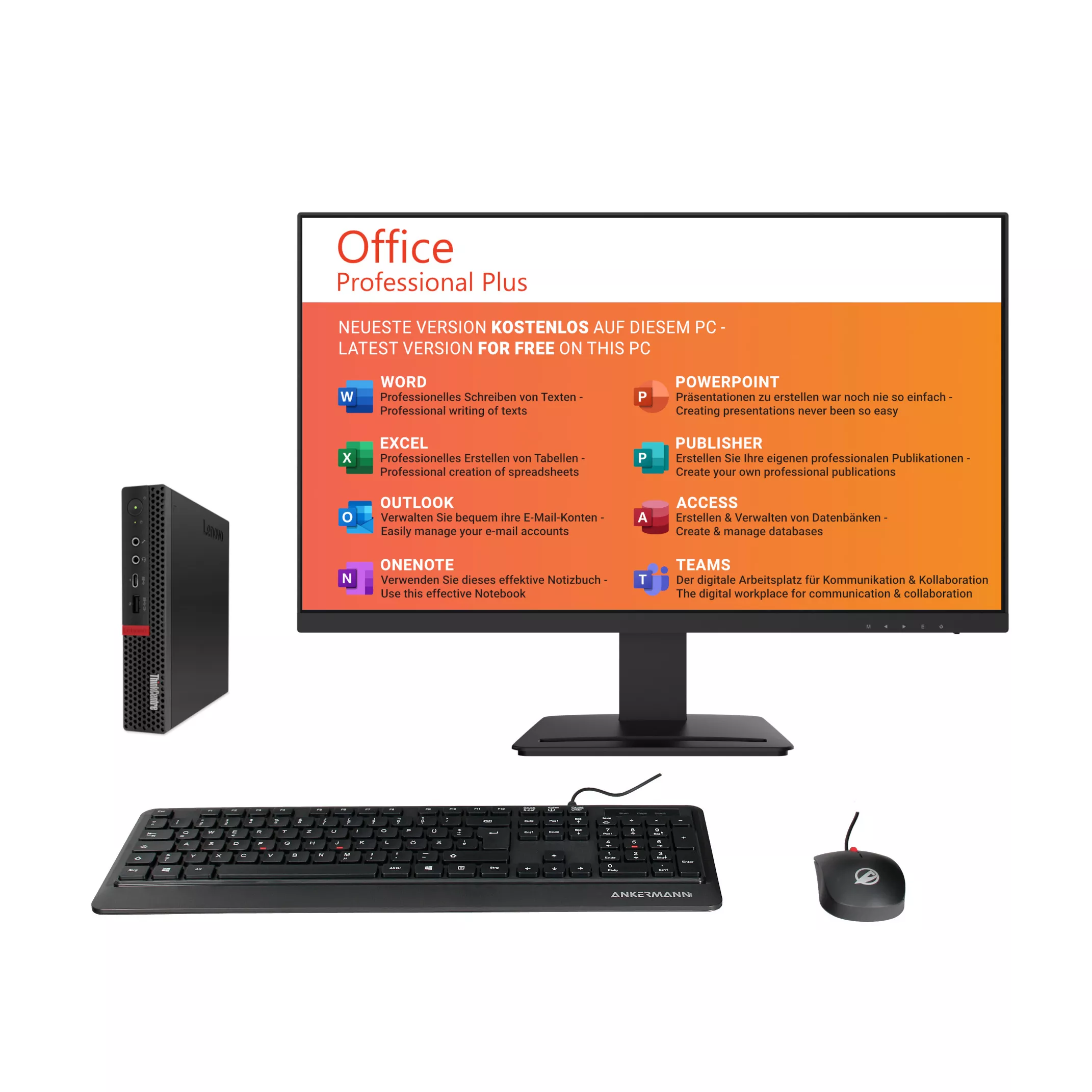 ThinkCentre M720q Mini PC Komplett-Set | Intel Core i5-8400T | 16GB RAM | 1TB NVMe SSD | 256GB SSD | Windows 11 | Monitor de 27" | Ratón & teclado | MS Office 2021