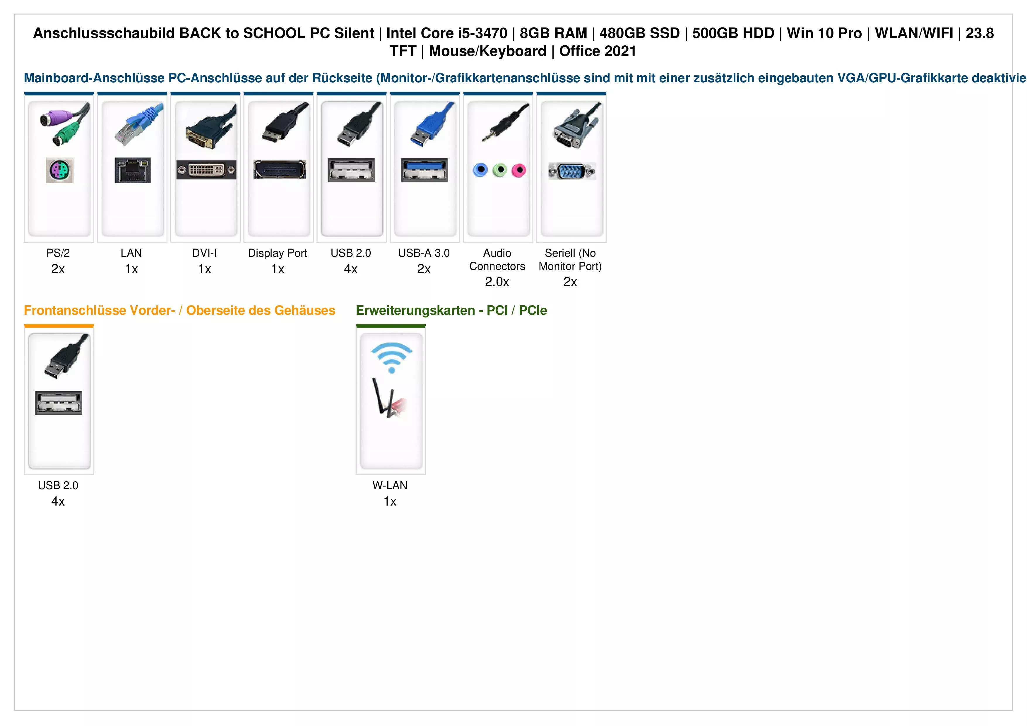 BACK to SCHOOL PC Silent | Intel Core i5-3470 | 8GB RAM | 480GB SSD | 500GB HDD | Windows 10 | WLAN | 23.8" Monitor | Maus & Tastatur | MS Office 2021