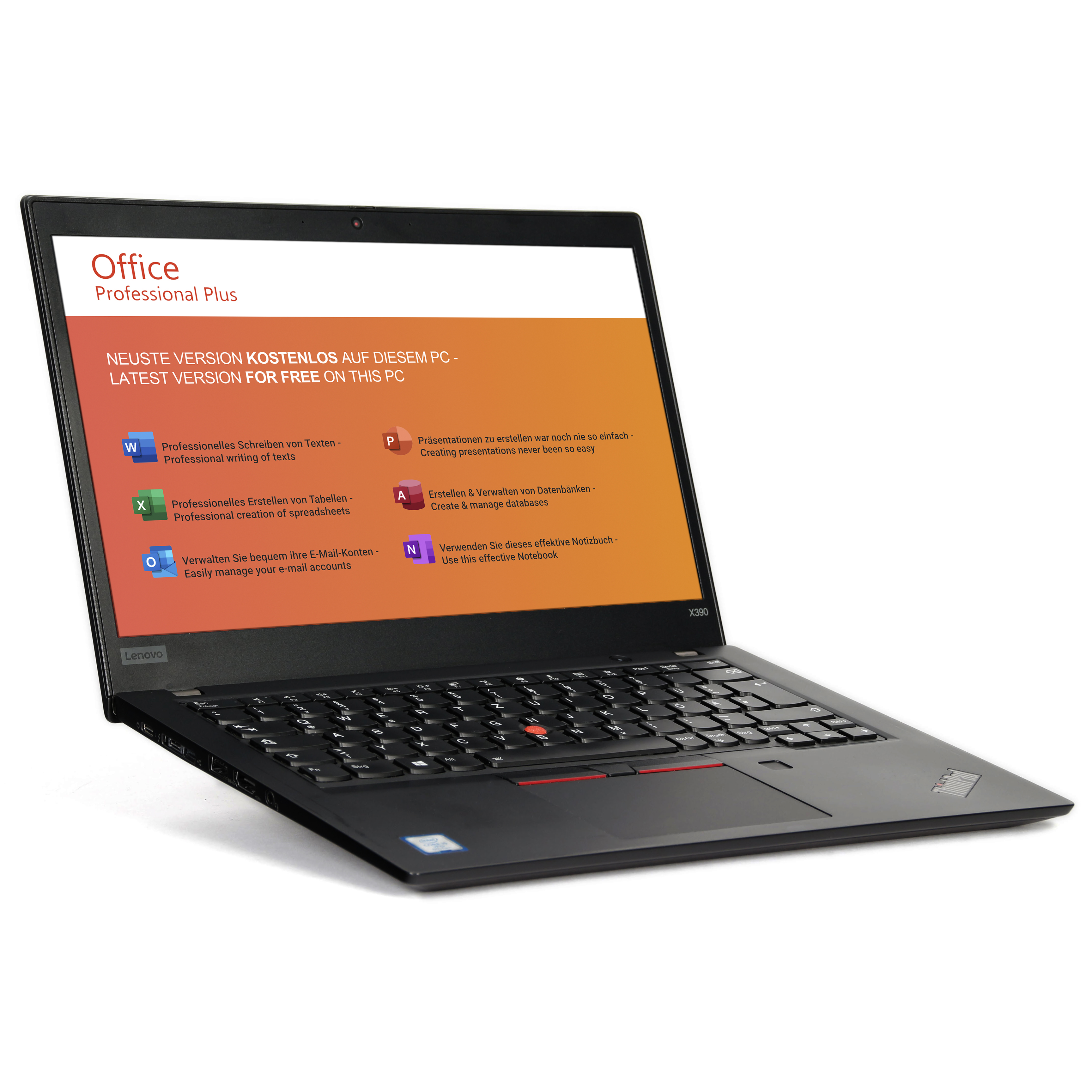 Lenovo Refurbished ThinkPad X390 | Intel Core i5-8365U | 8GB RAM | 512GB M.2 NVMe SSD | 13.3" Full HD mattes Display | WLAN / BT | Windows 11 | MS Office 2021 | Beleuchtete Deutsche Tastatur | Fingerabdruckleser